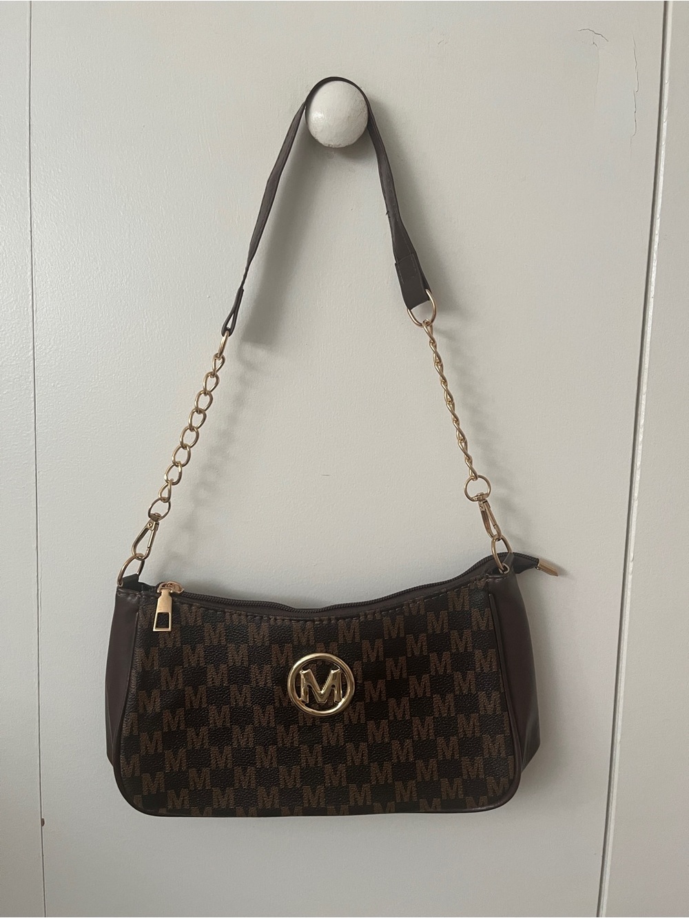 Brown “M” Monogram Shoulder Bag with Gold Hardware